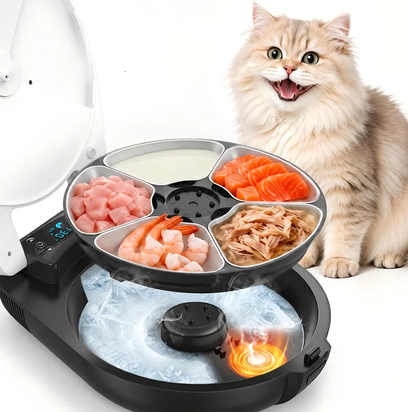 Automatischer Nassfutterautomat für Katzen mit Halbleiterkühlung und Edelstahlnapf