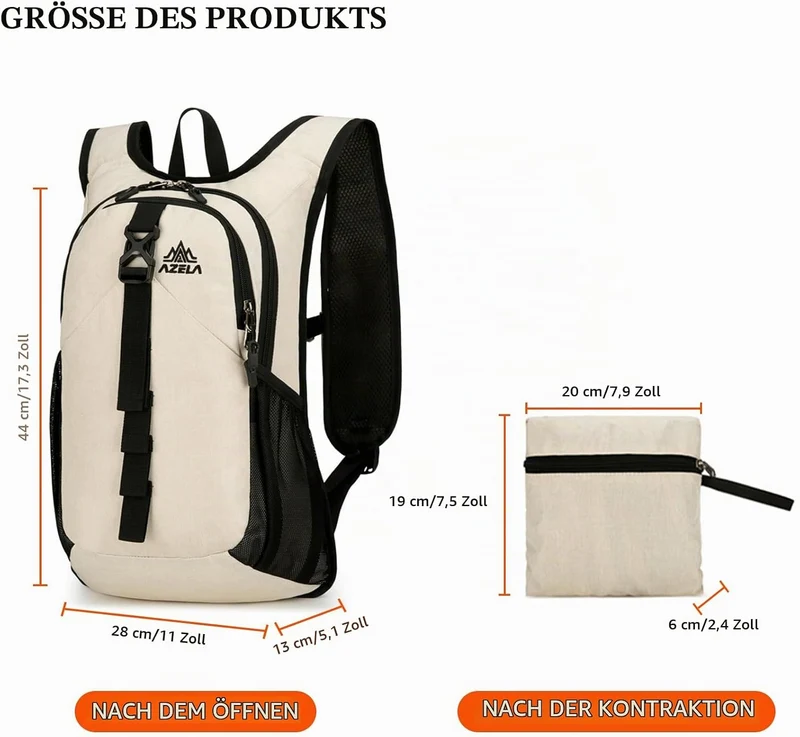 15L Wanderrucksack Wasserdicht, Klein Faltbarer Rucksack Ultraleicht Beige, Beige