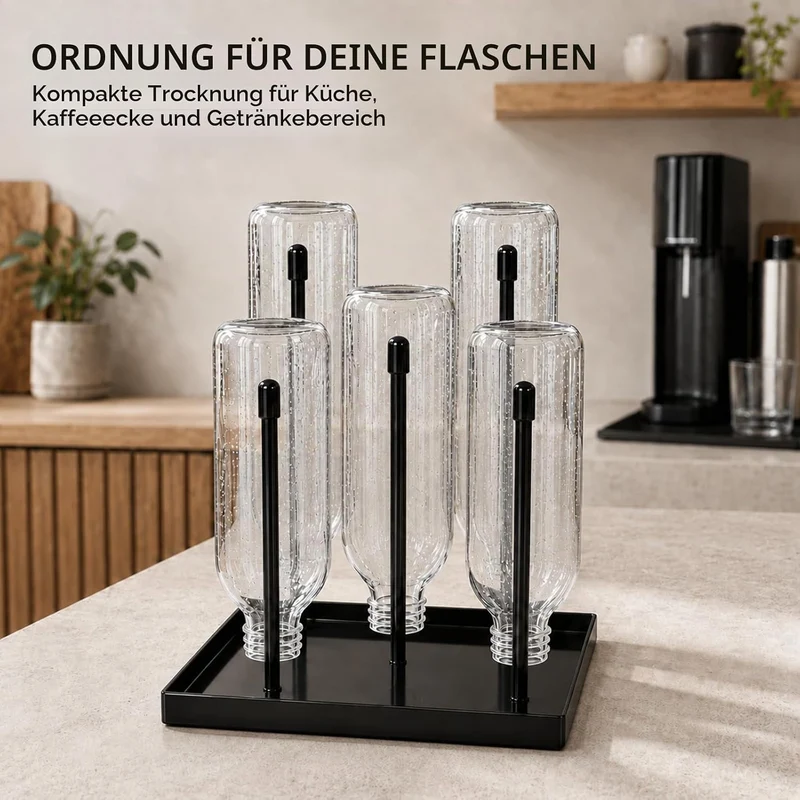 Metal Bottle Drying Rack with Stable Square Base for SodaStream & Sports Bottles – Rust-Resistant Bl
