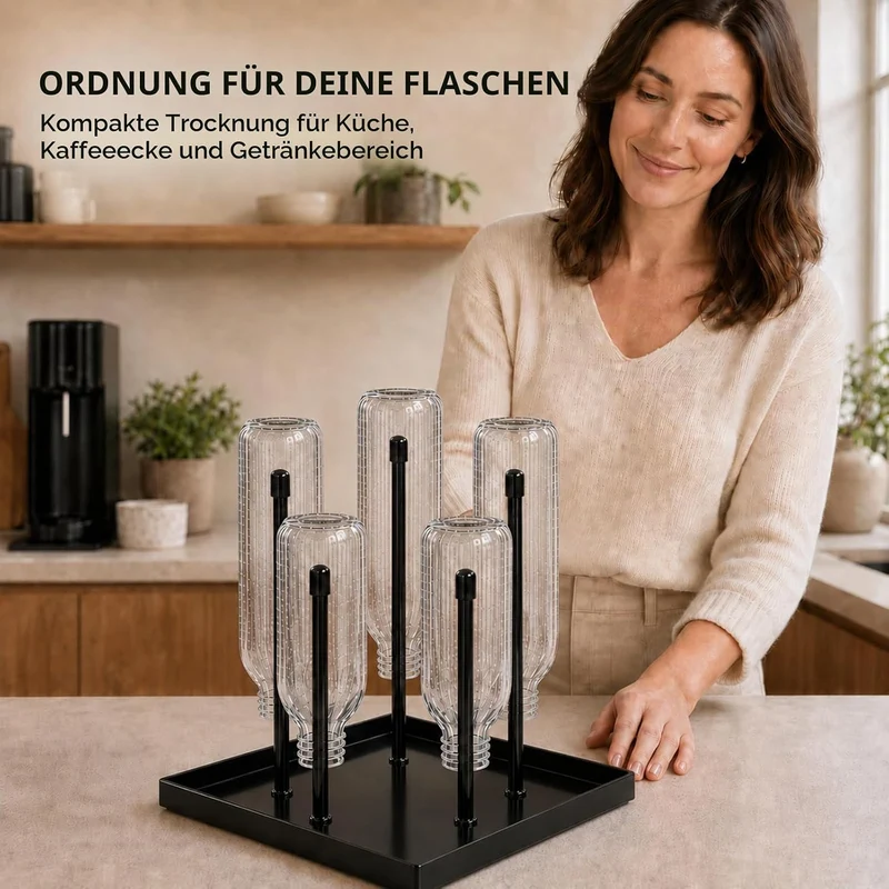 Metal Bottle Drying Rack with Stable Square Base for SodaStream & Sports Bottles – Rust-Resistant Bl