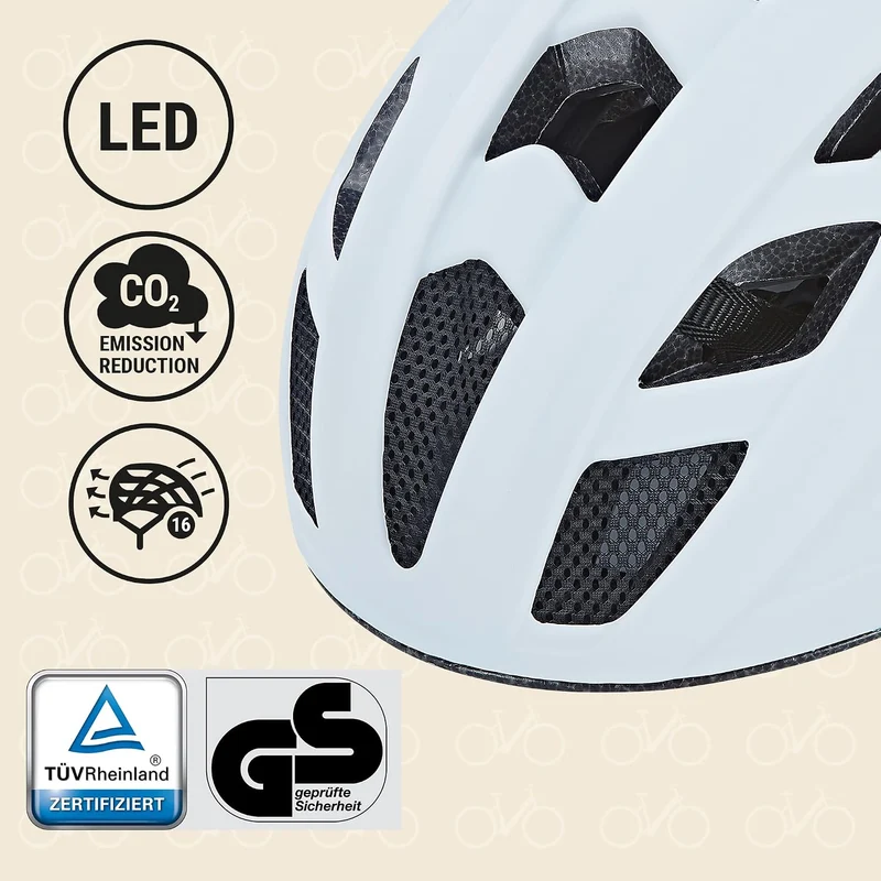 Prophete Fahrradhelm mit LED | EKO Glue On | Sicherer Helm für Damen & Herren Weiss 52-59 cm, Weiss