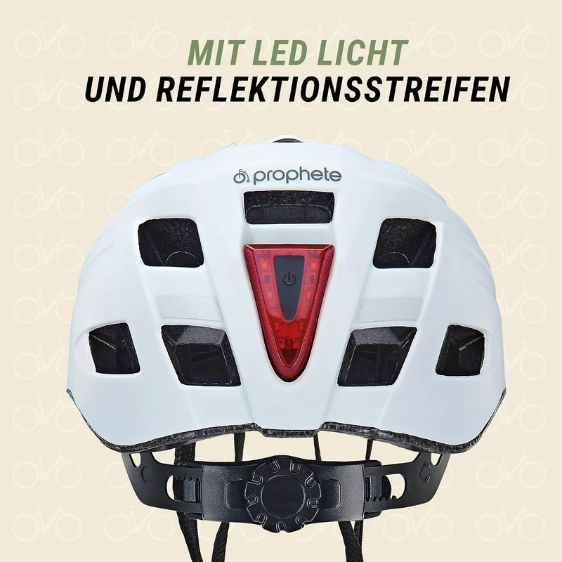 Prophete Fahrradhelm mit LED | EKO Glue On | Sicherer Helm für Damen & Herren Weiss 52-59 cm, Weiss