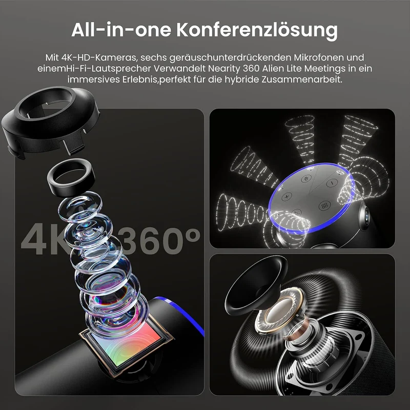 NEARITY 360 Alien Lite 4K Videokonferenz-Webcam mit Mikrofon & Lautsprecher Hellgrau, Hellgrau