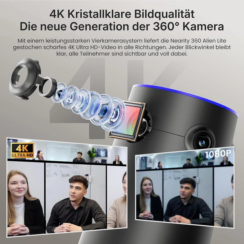 NEARITY 360 Alien Lite 4K Videokonferenz-Webcam mit Mikrofon & Lautsprecher Hellgrau, Hellgrau