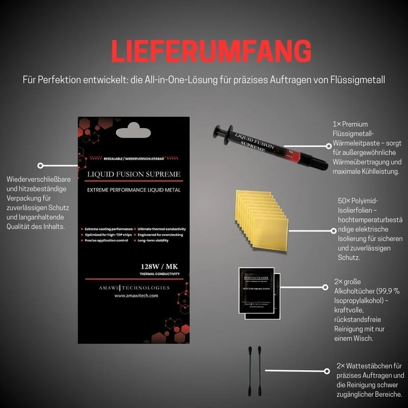 Liquid Fusion Supreme Premium Flüssigmetall, 128,0W/mk Wärmeleitfähigkeit, mit Zubehör - Für CPU, GP