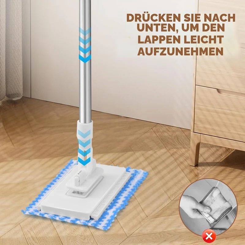 Wischmopp mit Druck Klemm System, Fauler Wischmop mit 10 PCS Mop Pads, Mini Mopp mit Automatischen T