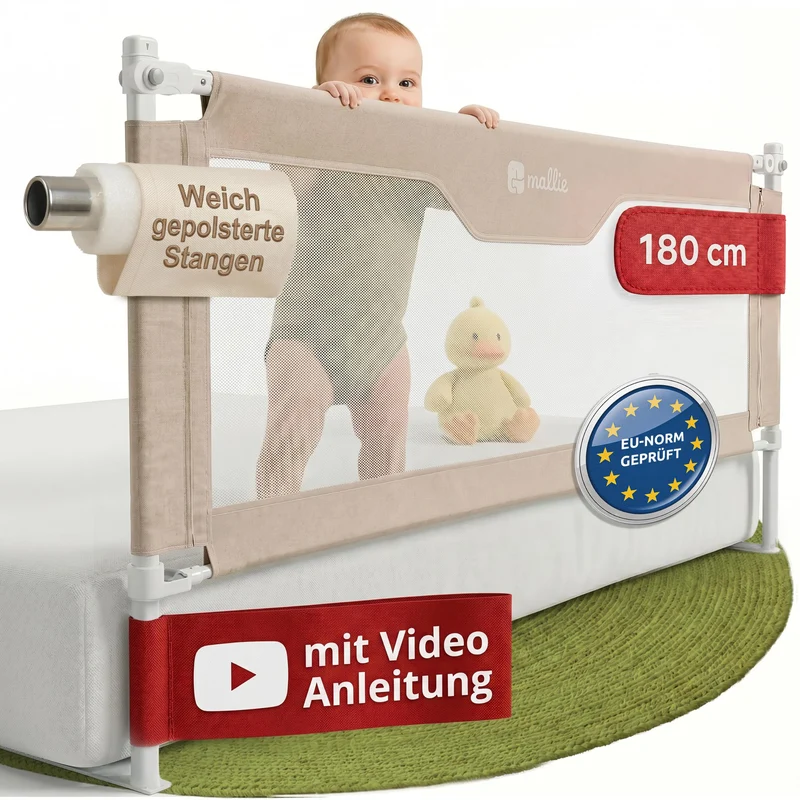 Mallie® Rausfallschutz Bett 180 cm Beige | Bettgitter für eine Seite, höhenverstellbar & lückenlos o