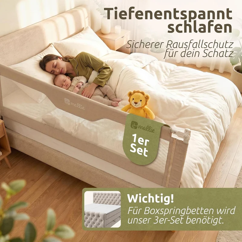 Mallie® Rausfallschutz Bett 180 cm Beige | Bettgitter für eine Seite, höhenverstellbar & lückenlos o