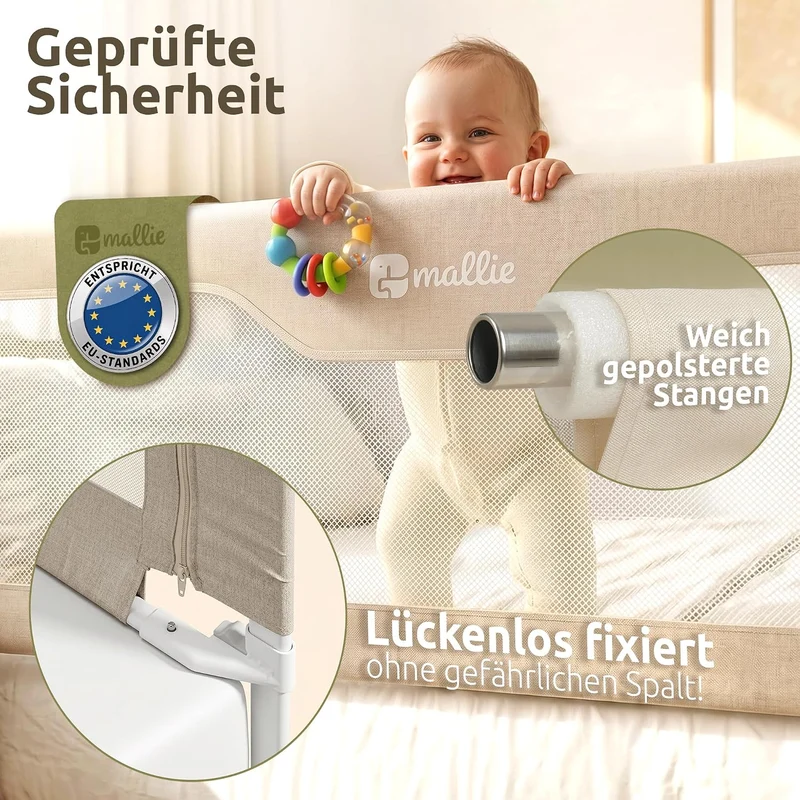Mallie® Rausfallschutz Bett 180 cm Beige | Bettgitter für eine Seite, höhenverstellbar & lückenlos o