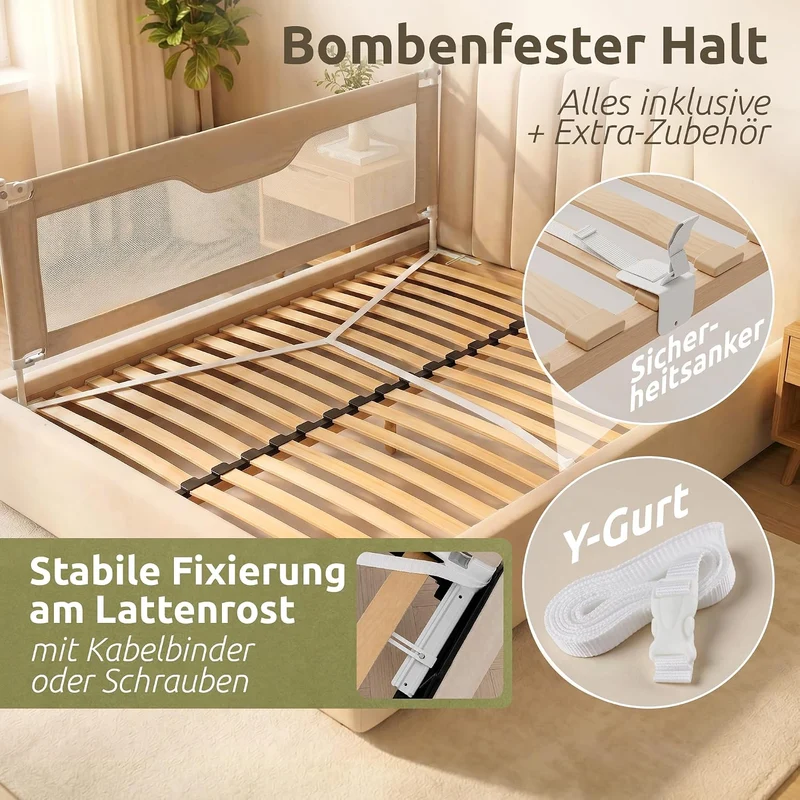 Mallie® Rausfallschutz Bett 180 cm Beige | Bettgitter für eine Seite, höhenverstellbar & lückenlos o
