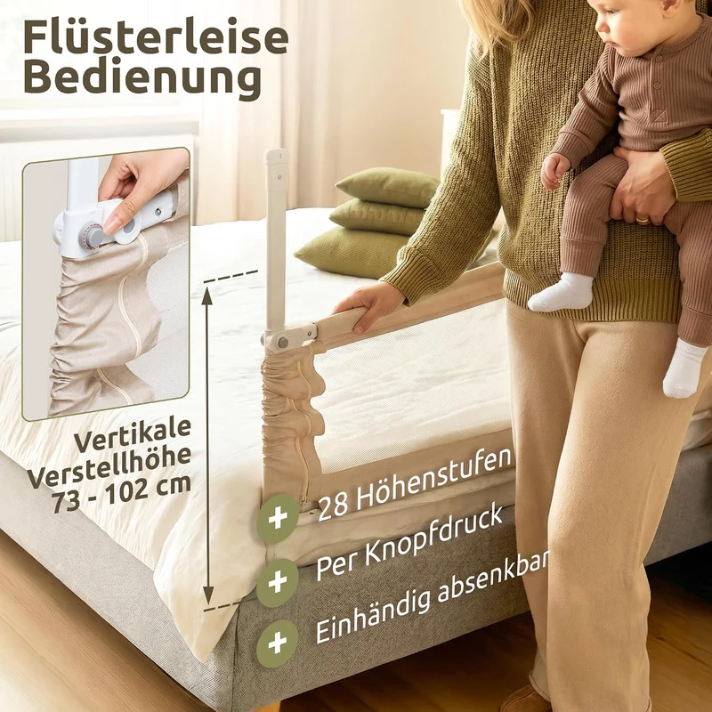 Mallie® Rausfallschutz Bett 180 cm Beige | Bettgitter für eine Seite, höhenverstellbar & lückenlos o