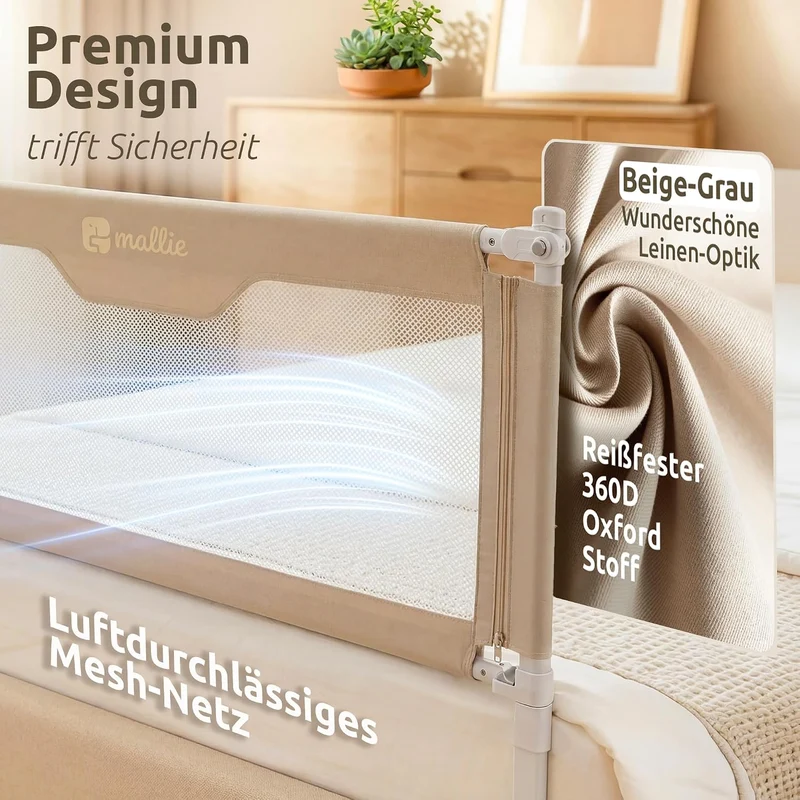 Mallie® Rausfallschutz Bett 180 cm Beige | Bettgitter für eine Seite, höhenverstellbar & lückenlos o