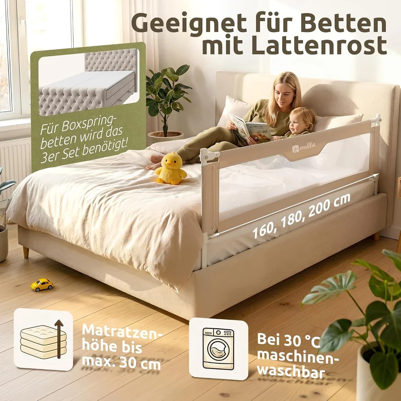 Mallie® Rausfallschutz Bett 180 cm Beige | Bettgitter für eine Seite, höhenverstellbar & lückenlos o