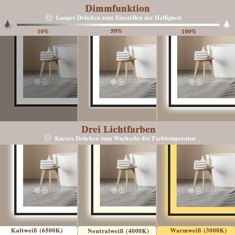 Badspiegel-mit-Beleuchtung 80x80cm - Badezimmerspiegel LED Badezimmer Spiegel mit Beleuchtung - Besc