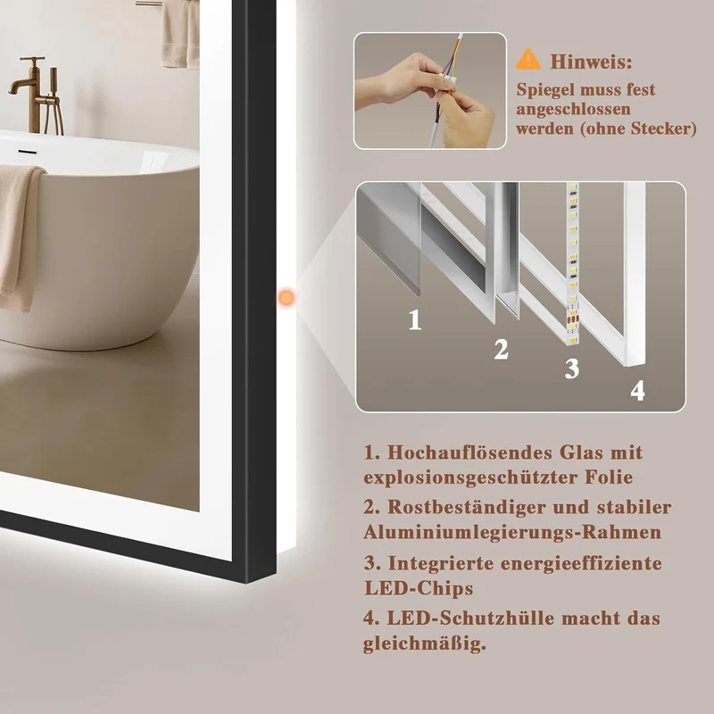 Badspiegel-mit-Beleuchtung 80x80cm - Badezimmerspiegel LED Badezimmer Spiegel mit Beleuchtung - Besc
