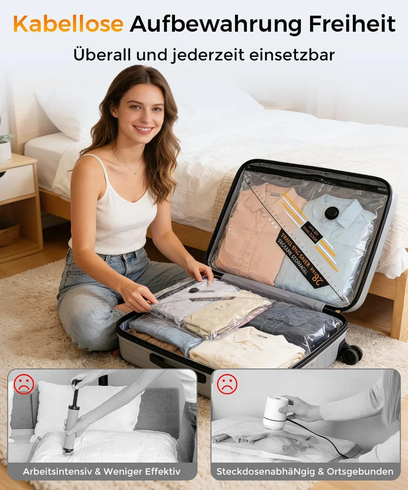 BOYUNSHI Vakuumbeutel für Kleidung Reise mit Kabelloser Vakuumpumpe, 10 Stück (4x 40x54cm, 4x 47x64c