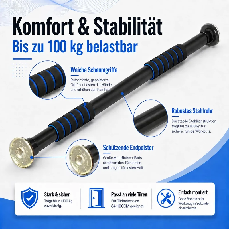 Klimmzugstange Türrahmen 63–100 cm verstellbar, Pull Up Bar ohne Bohren, Türreck Klemmstange bis 150