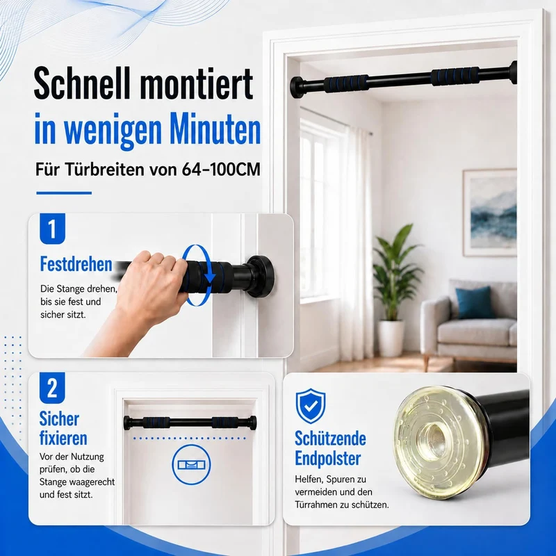 Klimmzugstange Türrahmen 63–100 cm verstellbar, Pull Up Bar ohne Bohren, Türreck Klemmstange bis 150