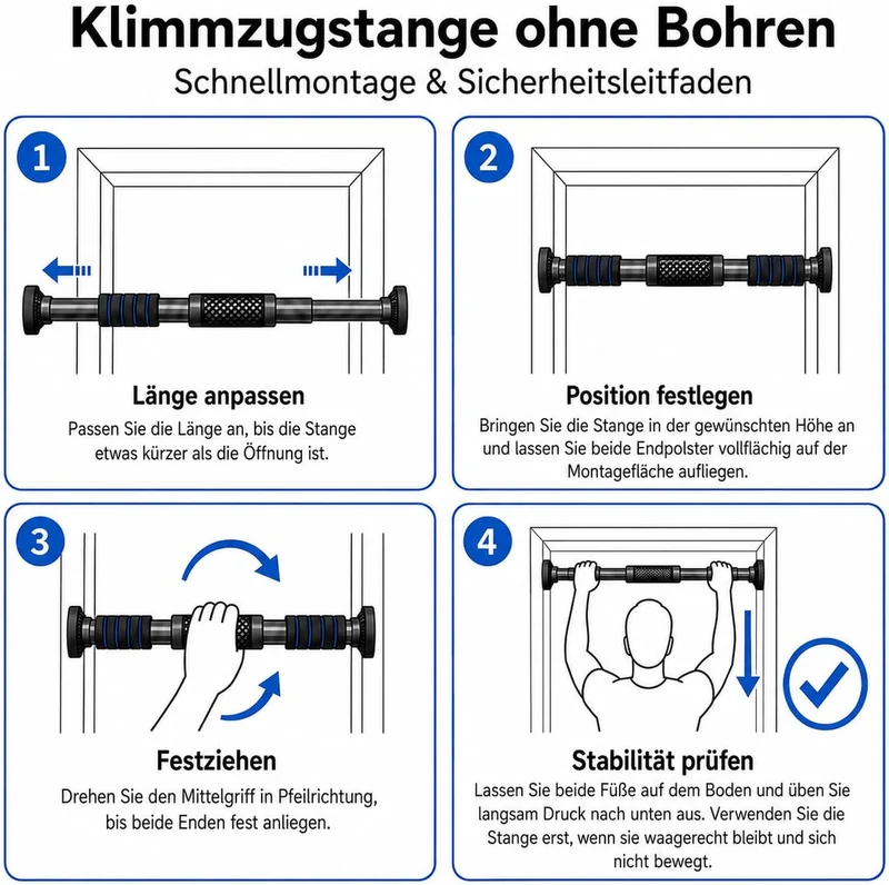 Klimmzugstange Türrahmen 63–100 cm verstellbar, Pull Up Bar ohne Bohren, Türreck Klemmstange bis 150