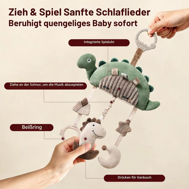 Kinderwagen-Spielzeug Dinosaurier, musikalisches Plüschtier für Babys, Hängespielzeug mit Spieluhr,