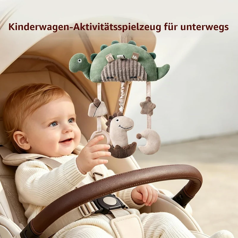 Kinderwagen-Spielzeug Dinosaurier, musikalisches Plüschtier für Babys, Hängespielzeug mit Spieluhr,