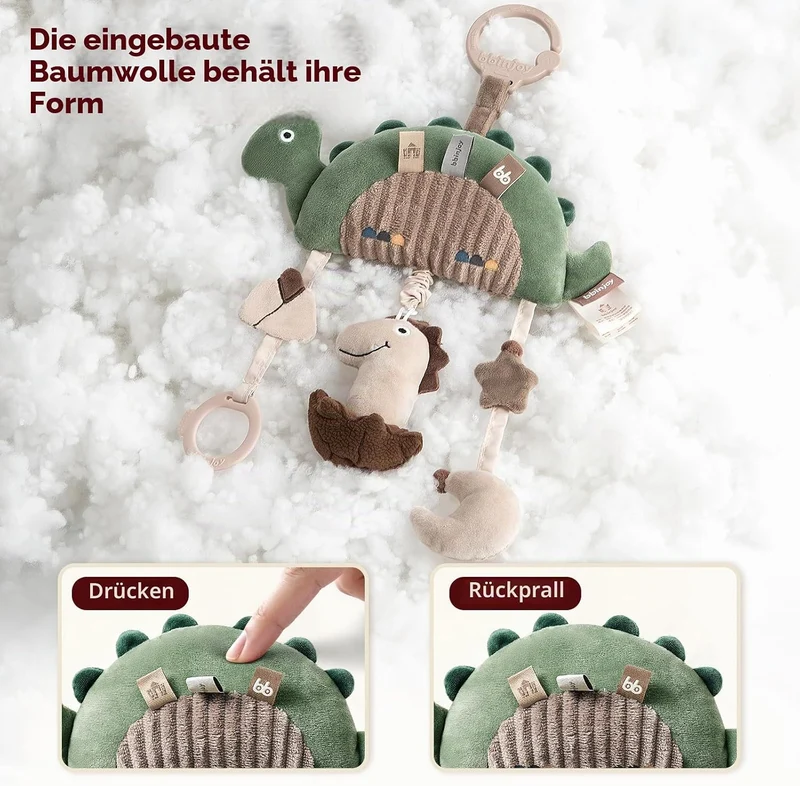 Kinderwagen-Spielzeug Dinosaurier, musikalisches Plüschtier für Babys, Hängespielzeug mit Spieluhr,