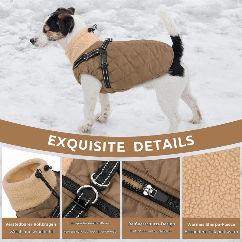 Queenmore Hundemantel Winter Hundejacke Kleine Hunde mit Geschirr S Braun, S Braun