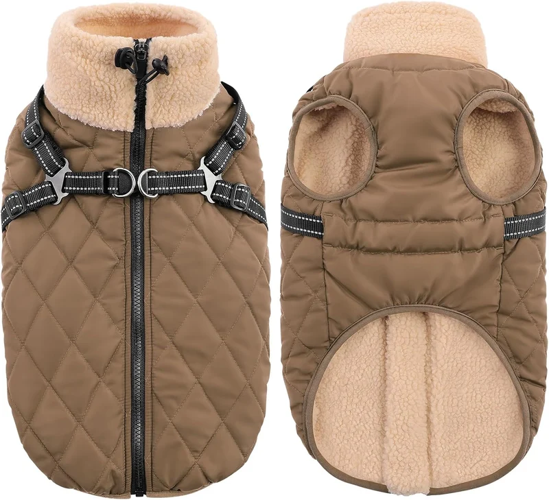 Queenmore Hundemantel Winter Hundejacke Kleine Hunde mit Geschirr S Braun, S Braun