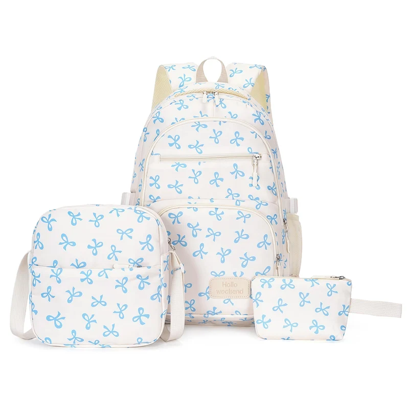 Aucuu Schulrucksack Mädchen Teenager Damen, Blau Schulrucksack Mädchen Set mit Schleifen, Schultasch