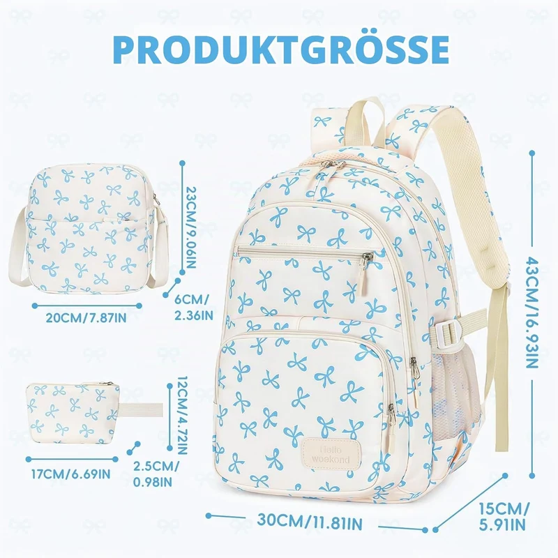 Aucuu Schulrucksack Mädchen Teenager Damen, Blau Schulrucksack Mädchen Set mit Schleifen, Schultasch