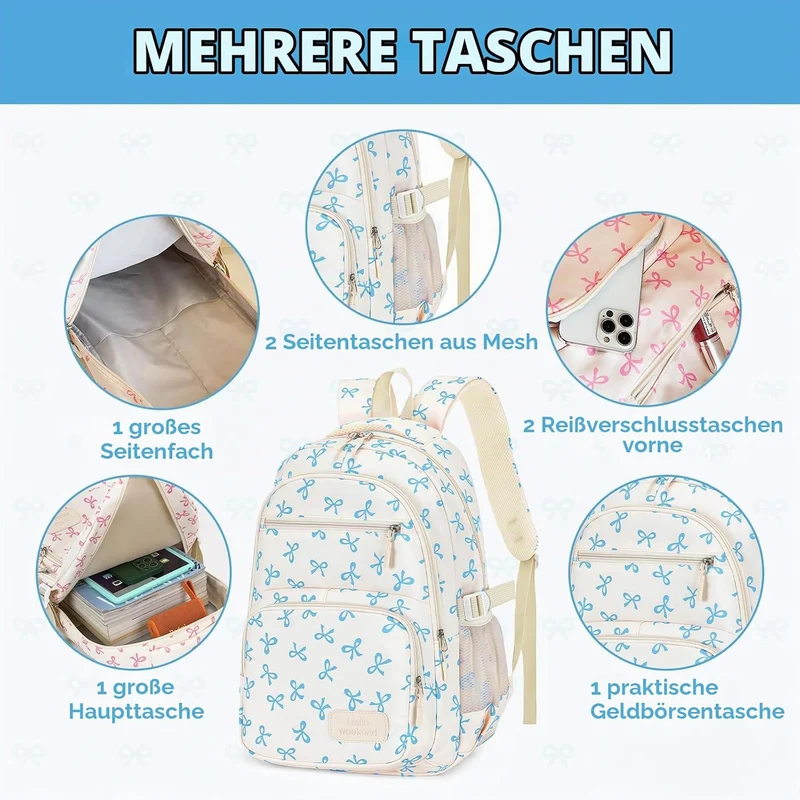 Aucuu Schulrucksack Mädchen Teenager Damen, Blau Schulrucksack Mädchen Set mit Schleifen, Schultasch