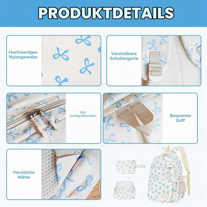 Aucuu Schulrucksack Mädchen Teenager Damen, Blau Schulrucksack Mädchen Set mit Schleifen, Schultasch