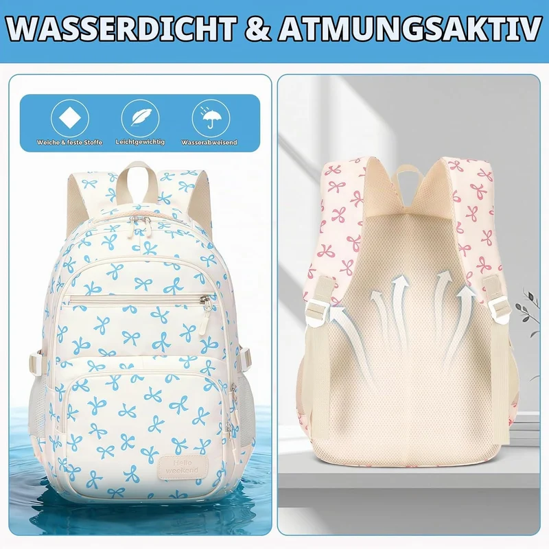 Aucuu Schulrucksack Mädchen Teenager Damen, Blau Schulrucksack Mädchen Set mit Schleifen, Schultasch