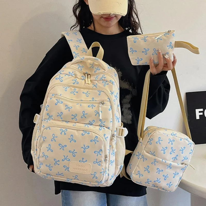Aucuu Schulrucksack Mädchen Teenager Damen, Blau Schulrucksack Mädchen Set mit Schleifen, Schultasch