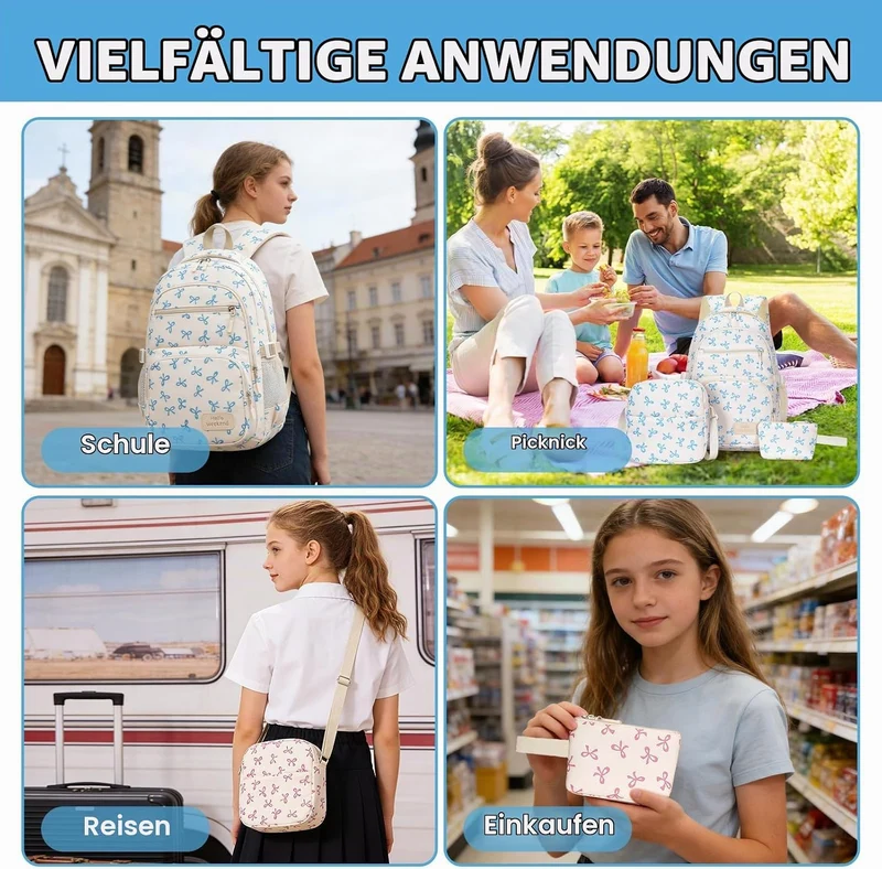 Aucuu Schulrucksack Mädchen Teenager Damen, Blau Schulrucksack Mädchen Set mit Schleifen, Schultasch