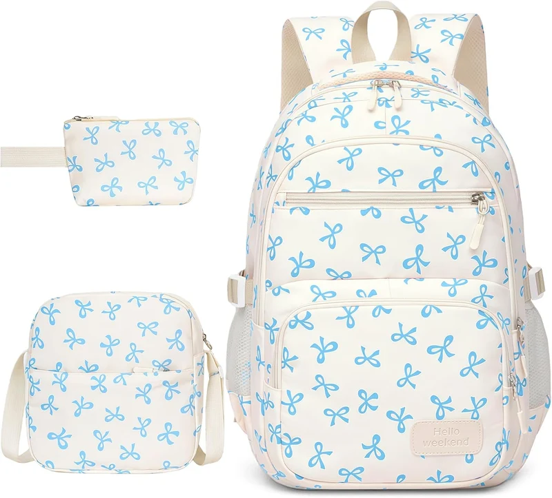 Aucuu Schulrucksack Mädchen Teenager Damen, Blau Schulrucksack Mädchen Set mit Schleifen, Schultasch