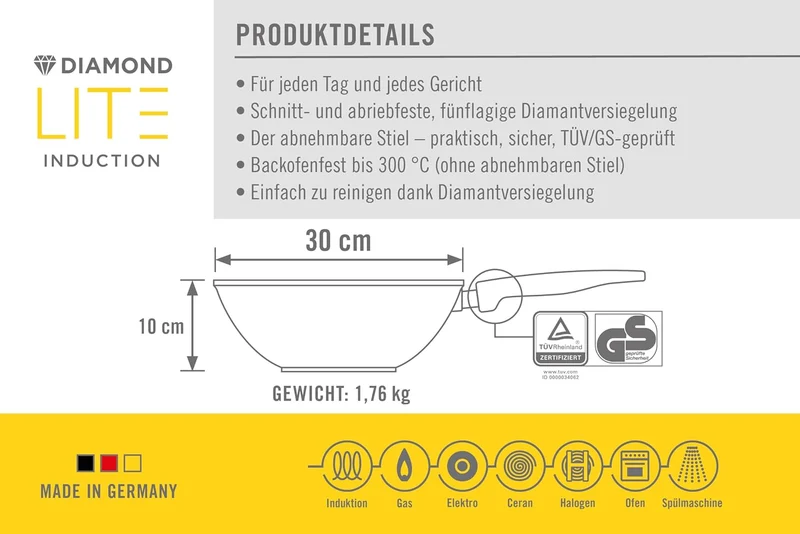 Woll Diamond Lite Wok- und Rührpfanne - Induktiv -, Ø 30 cm, 10 cm hoch - Geeignet für alle Herdarte