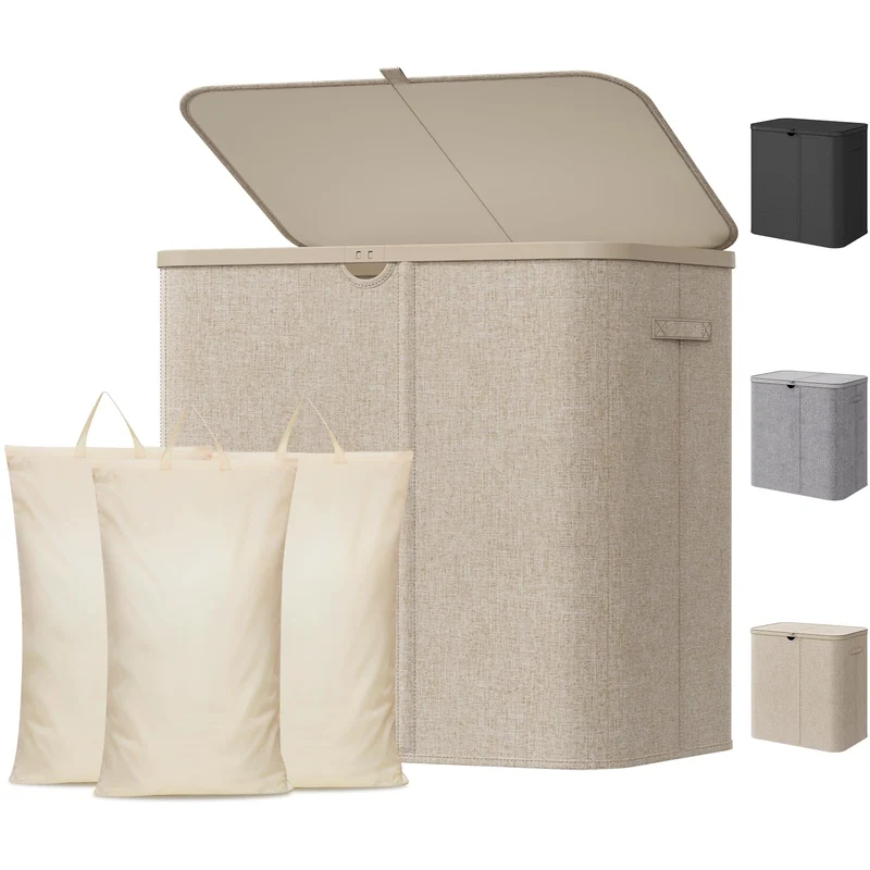 Lifewit 150L Wäschekorb mit Deckel und 3 Fächern, Beige Beige 150L (3 Fächer), Beige 150L (3 Fächer)
