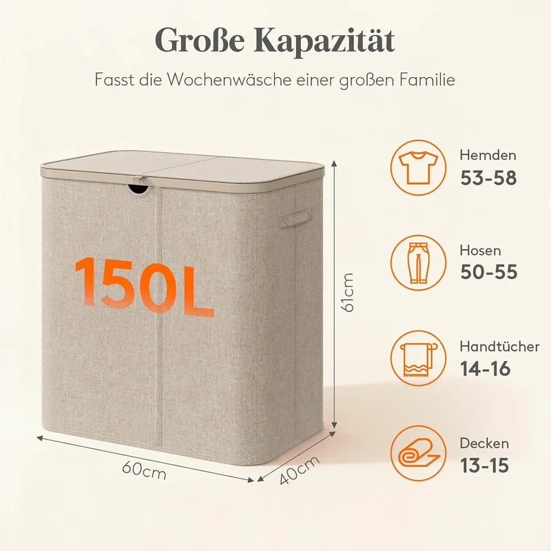 Lifewit 150L Wäschekorb mit Deckel und 3 Fächern, Beige Beige 150L (3 Fächer), Beige 150L (3 Fächer)