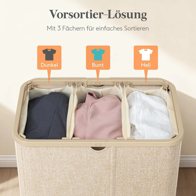 Lifewit 150L Wäschekorb mit Deckel und 3 Fächern, Beige Beige 150L (3 Fächer), Beige 150L (3 Fächer)