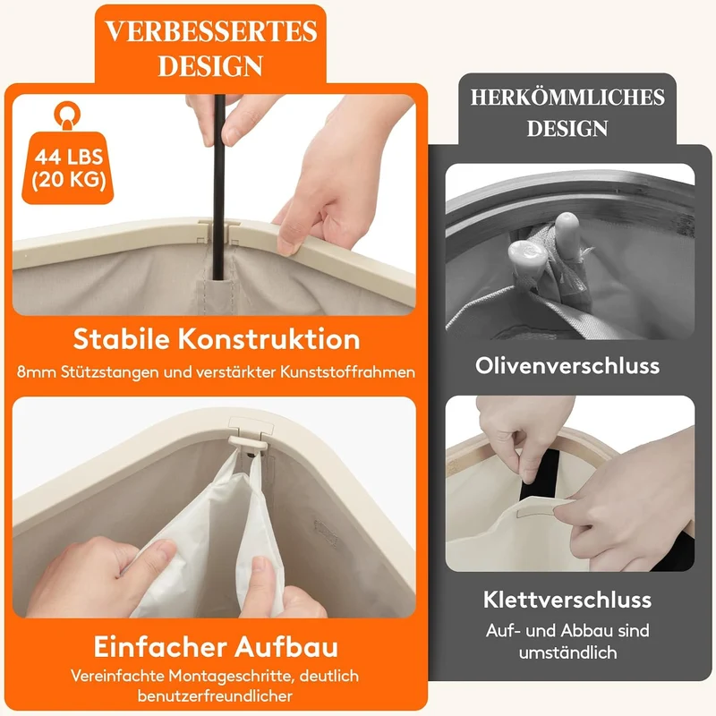 Lifewit 150L Wäschekorb mit Deckel und 3 Fächern, Beige Beige 150L (3 Fächer), Beige 150L (3 Fächer)