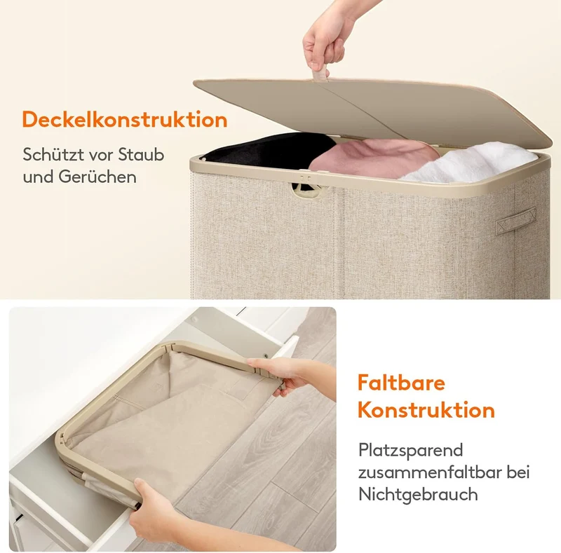 Lifewit 150L Wäschekorb mit Deckel und 3 Fächern, Beige Beige 150L (3 Fächer), Beige 150L (3 Fächer)
