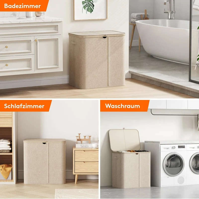 Lifewit 150L Wäschekorb mit Deckel und 3 Fächern, Beige Beige 150L (3 Fächer), Beige 150L (3 Fächer)