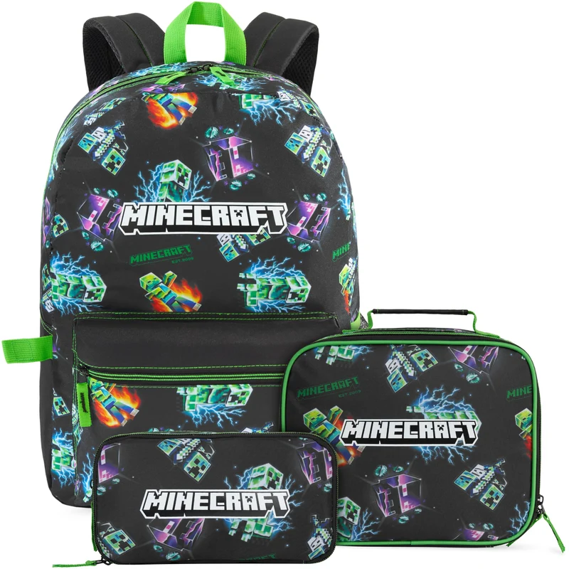 Get Trend Minecraft Schulrucksack 3er Set, 46 cm Rucksack Schule mit Netztasche Federmäppchen und Is