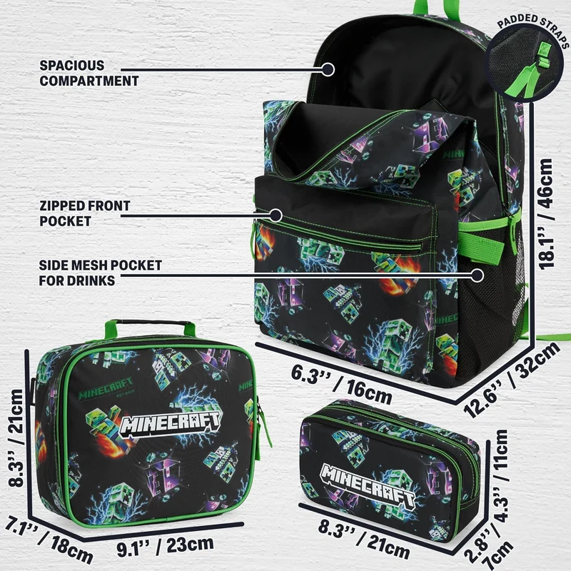 Get Trend Minecraft Schulrucksack 3er Set, 46 cm Rucksack Schule mit Netztasche Federmäppchen und Is