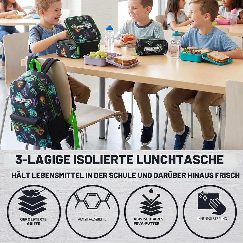 Get Trend Minecraft Schulrucksack 3er Set, 46 cm Rucksack Schule mit Netztasche Federmäppchen und Is
