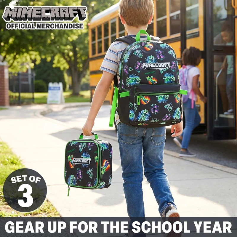 Get Trend Minecraft Schulrucksack 3er Set, 46 cm Rucksack Schule mit Netztasche Federmäppchen und Is