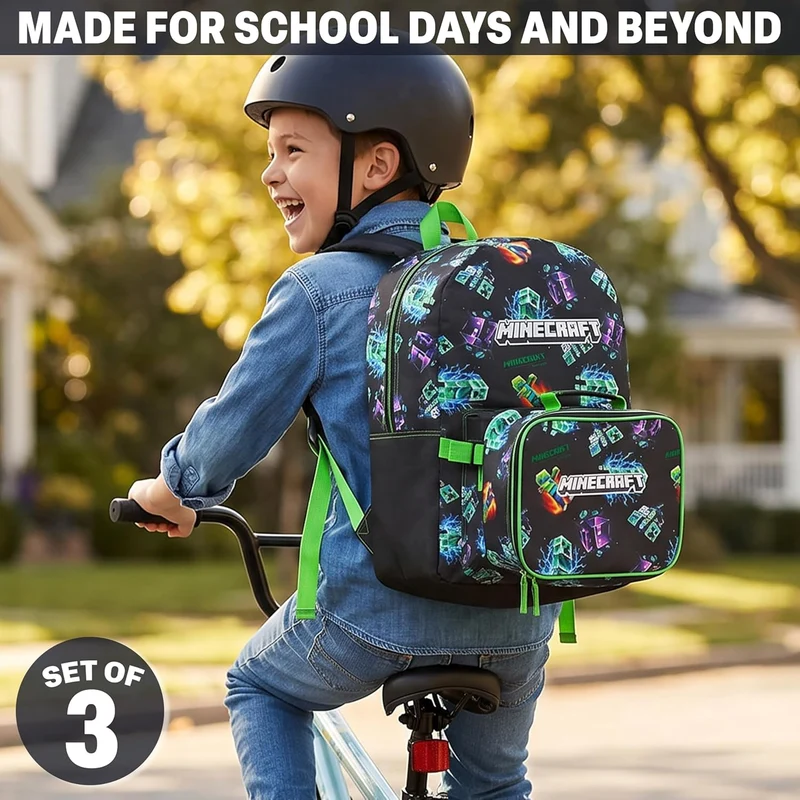 Get Trend Minecraft Schulrucksack 3er Set, 46 cm Rucksack Schule mit Netztasche Federmäppchen und Is
