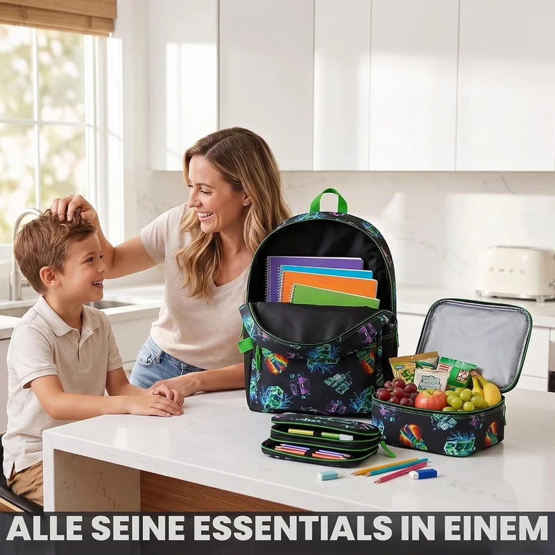 Get Trend Minecraft Schulrucksack 3er Set, 46 cm Rucksack Schule mit Netztasche Federmäppchen und Is