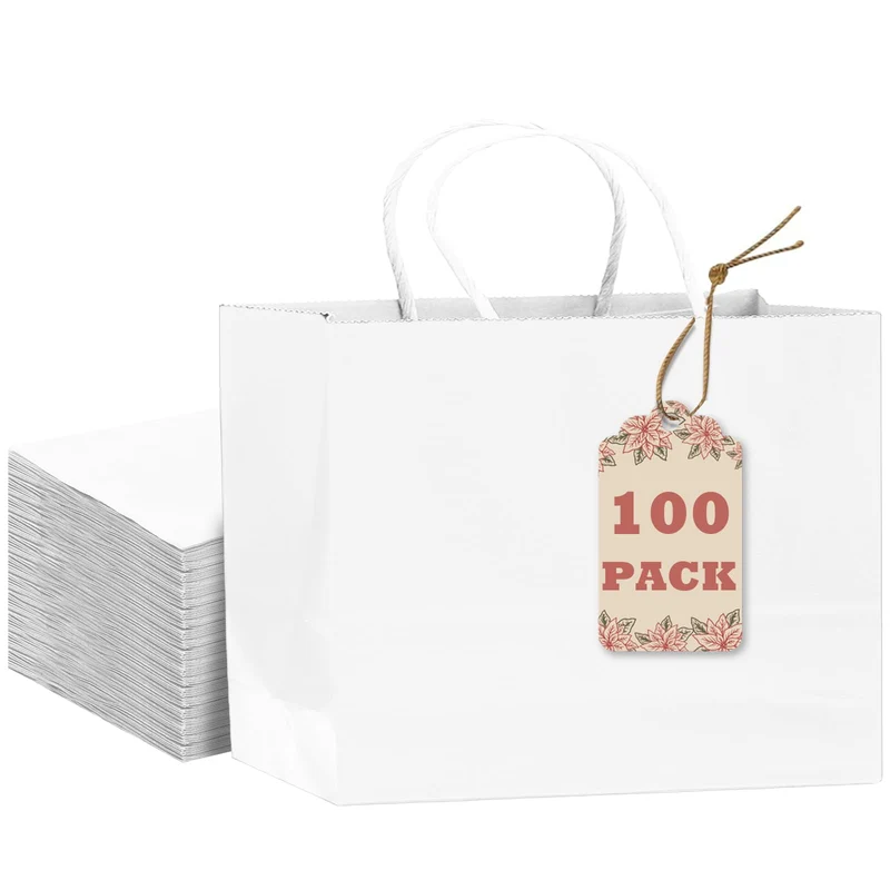 Gcardist 100 Stück Weiss-Geschenktüten aus Papier mit Henkeln–12.6"x4.3"x10"-Tüten Breite Tasche Par